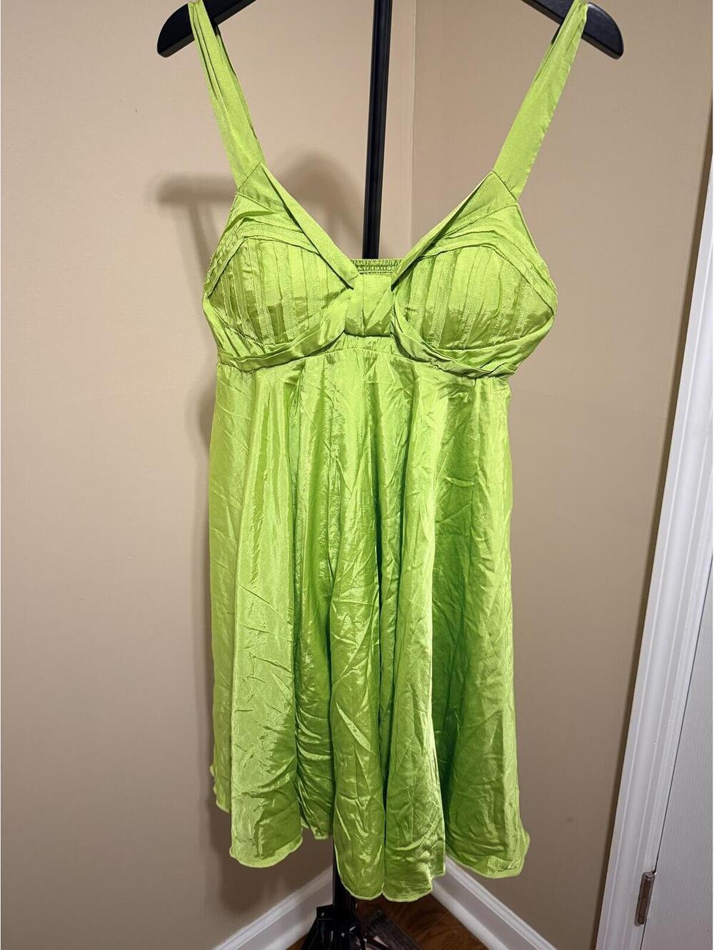 Lucy Paris Lime Green Satin Babydoll Dress Women’s S Y2K Party Mini Dress